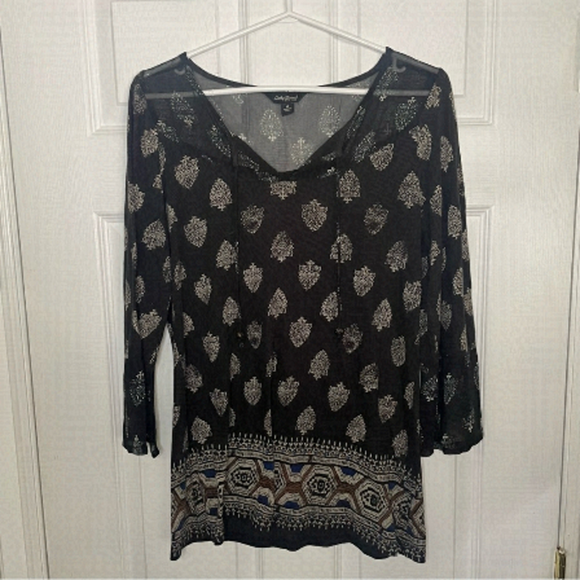 LUCKY Brand Black Printed Bohemian Blouse Top Medium - Picture 1 of 6